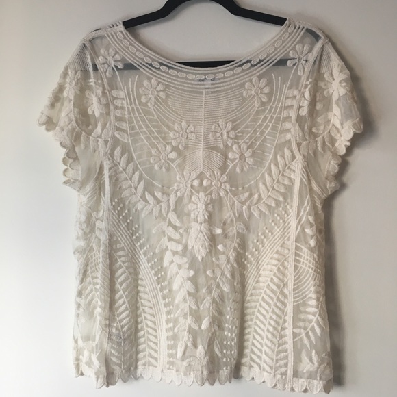 Express Cream Cap Sleeve Sheer Lace Top - Picture 4 of 10